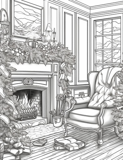 Adult coloring page with a fireplace in the background