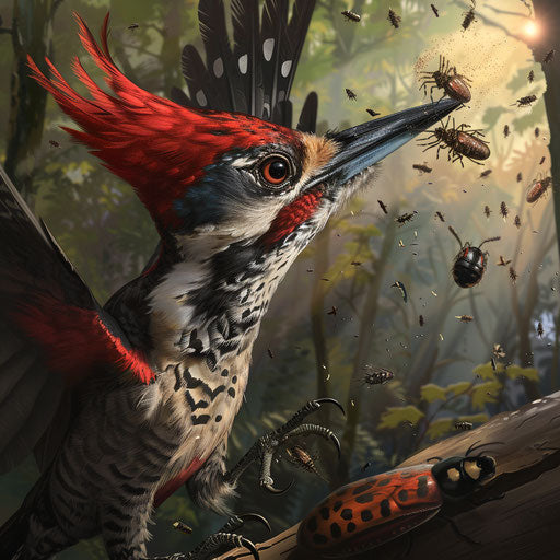 Woodpecker bird catching insects in mid-air