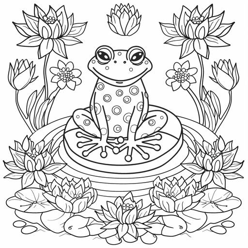 Whimsical frog on lily pad, flowers, coloring book page