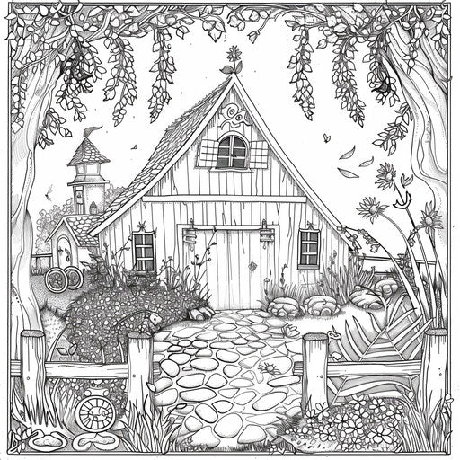 Barn with magical fairy garden - Coloring book page