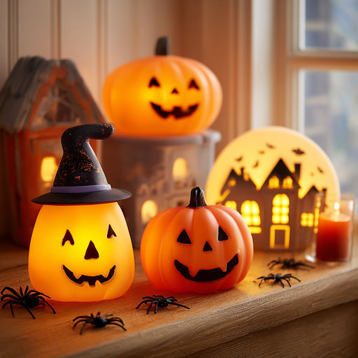 Halloween Decorations on a Wooden Surface
