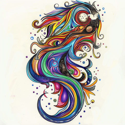 Aquarius water bearer flat tattoo sketch, abstract and colorful with flowing water elements