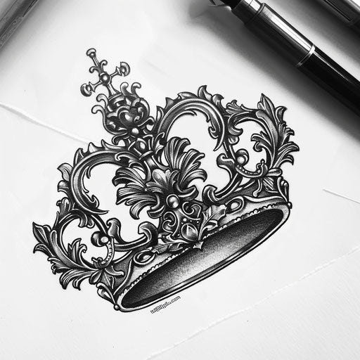 Queen crown tattoo with baroque details and shimmering silver ink