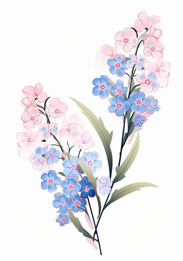 Blue and pink Japanese flowers in traditional artistic style
