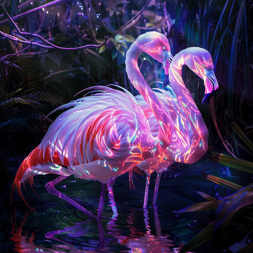 Pink flamingos with glowing feathers at a nocturnal festival