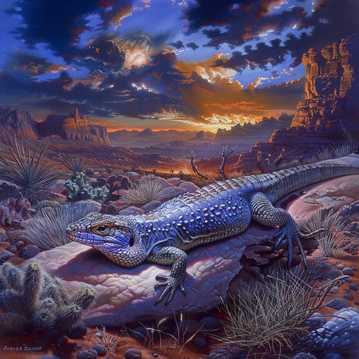 Blue tongue skink in a dramatic desert landscape with intense lighting