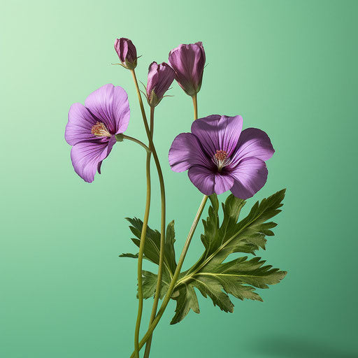 Two purple flowers on green background, paleocore style, wonder of nature