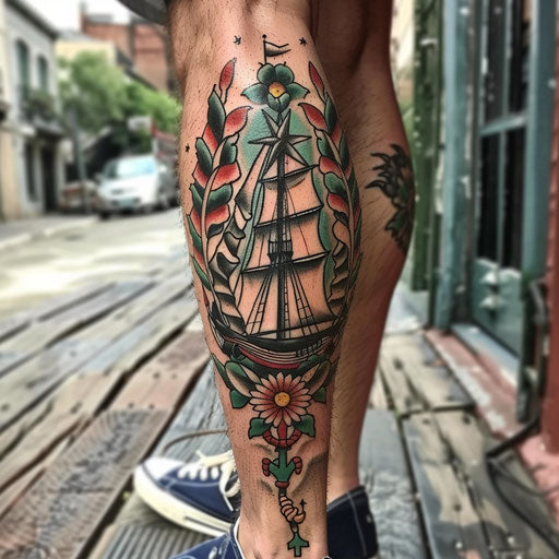 Bold and traditional leg tattoo with anchors and ships