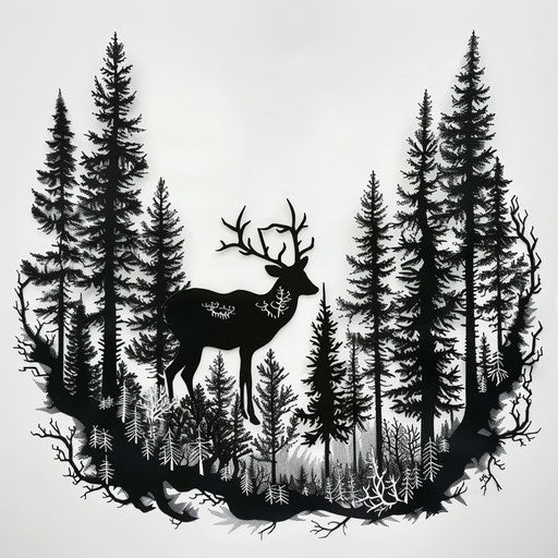 Detailed blackwork forest scene with hidden deer silhouette