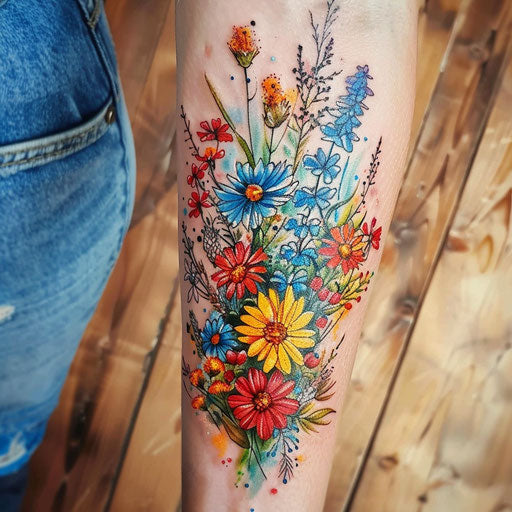 Vibrant wildflower bouquet tattoo in watercolor style