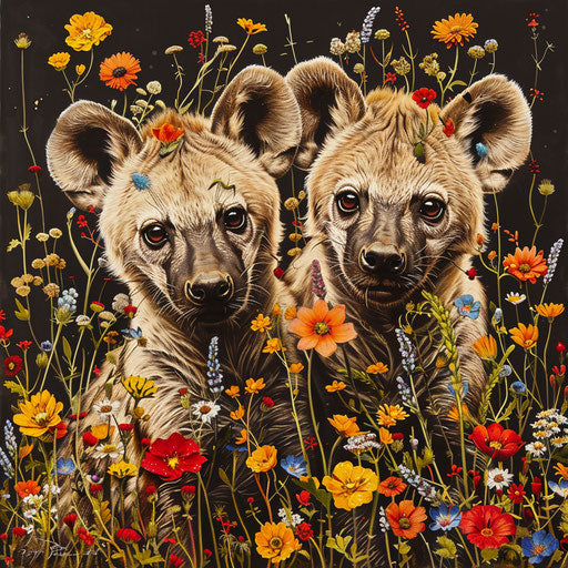 Hyenas with vibrant wildflowers