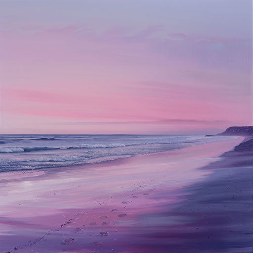 Sandy beach at dusk with pink and purple sky