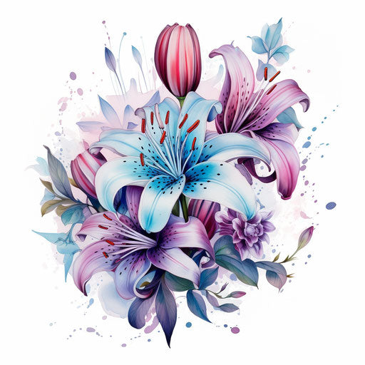 Tattoos of flower and lilies, light magenta and blue style
