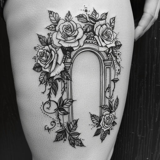 Bold flat tattoo sketch of a wedding arch adorned with roses and ivy
