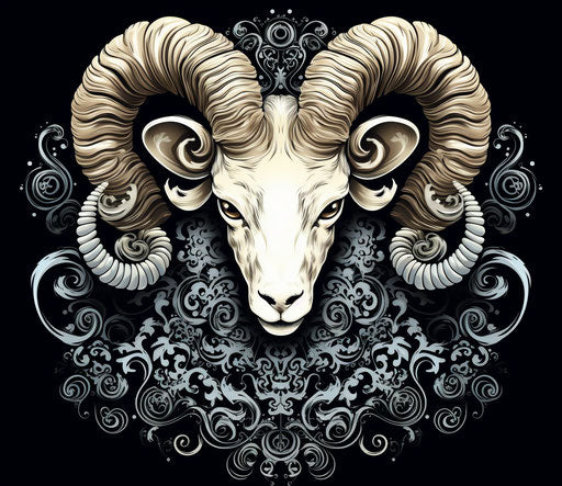 Ornate ram head in datamosh style white black symbolist