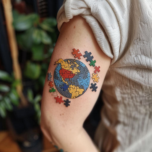 Vintage globe tattoo, continents colorful autism puzzle, awareness message