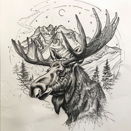 Flat tattoo sketch of a moose with a snowy mountain range
