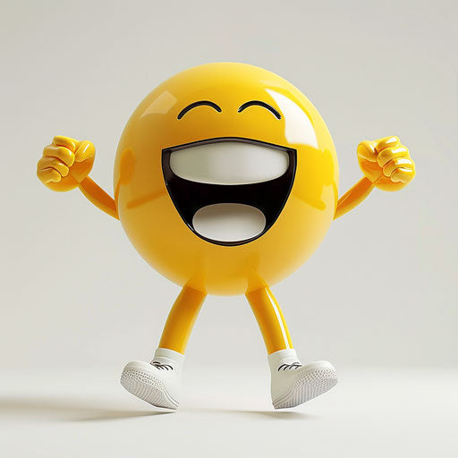 Yellow smiling face with arms, white shoes on white background