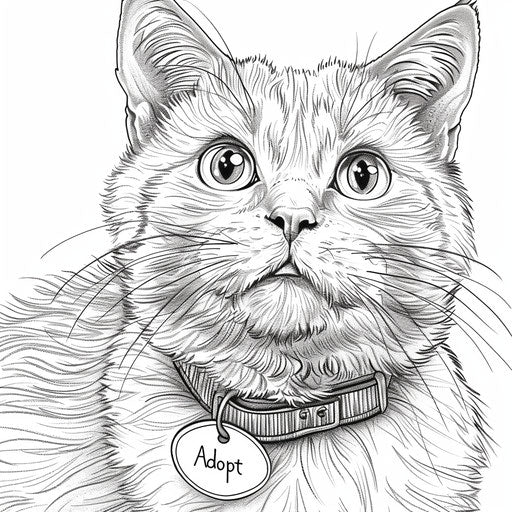 Cat with 'Adopt Me' tag - Coloring book page