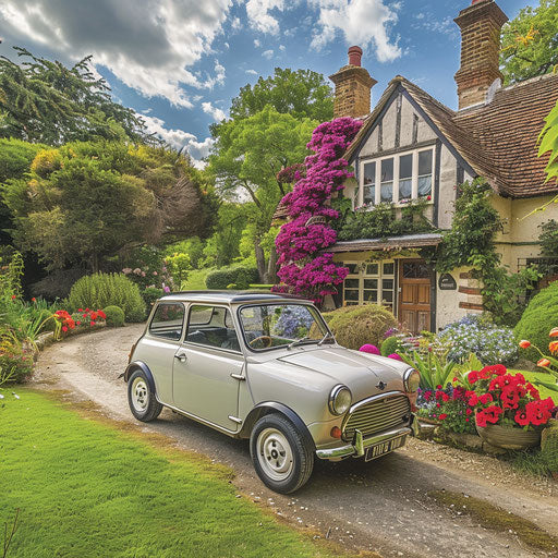 Vintage Mini Cooper near quaint English cottage