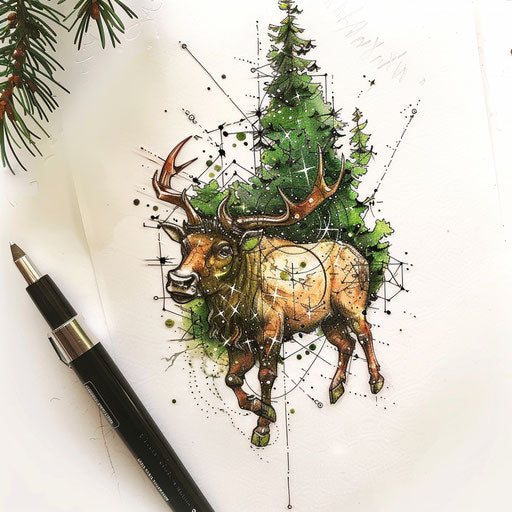 Enchanted tattoo sketch of the Taurus constellation with a forest theme and natural green and brown colors