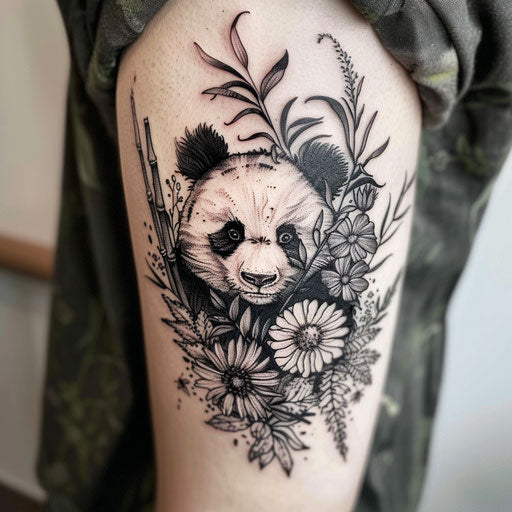 Wildflower tattoo with panda, black and white with touches of green, bamboo elements