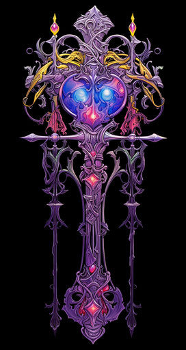 Sword with purple hearts jousting tattoo, fantasy stained glass