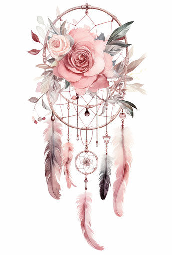 Tattoo dream catcher with flowers and feathers, pictorial style