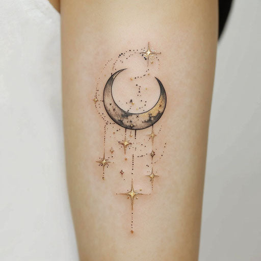 Female arm tattoo with moon and stars in silver and gold