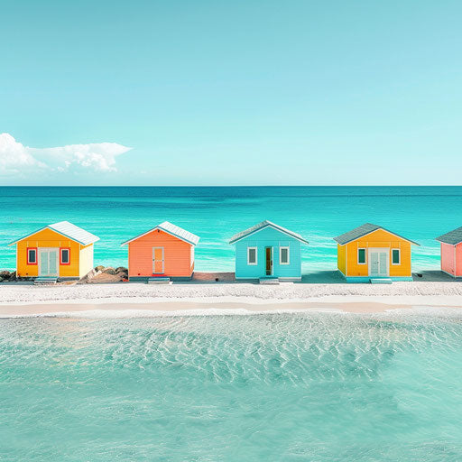 Colorful beach houses along a pristine shoreline