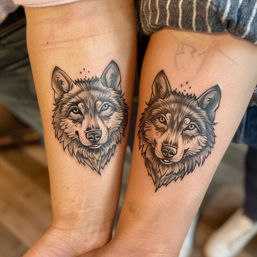 Matching tattoos for friends of a wolf, in the style of David Palumbo