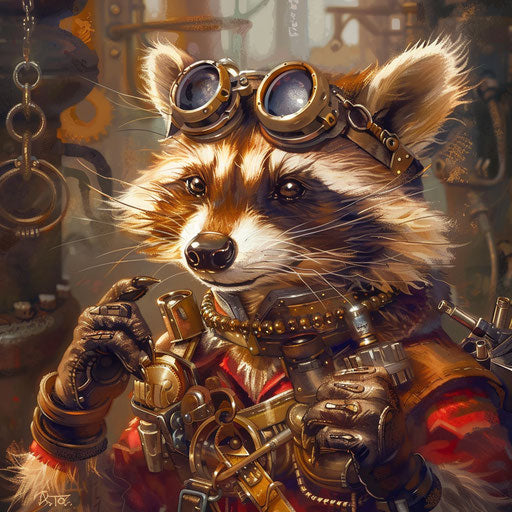 Steampunk raccoon inventor presenting latest creation