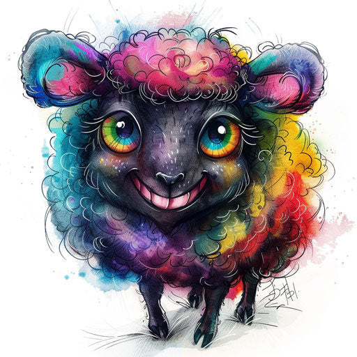 Animated cartoon style black sheep tattoo design, playful and colorful, on a white surface