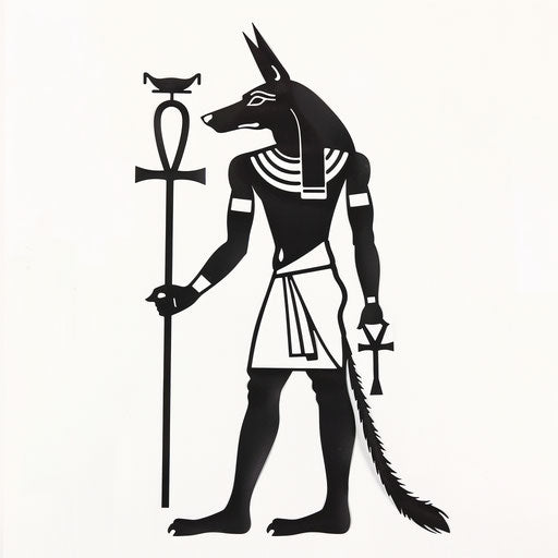 Silhouette of Anubis holding an ankh on white background