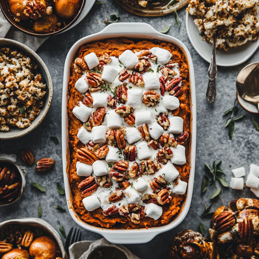 Sweet potato casserole with melted marshmallows and crunchy nuts