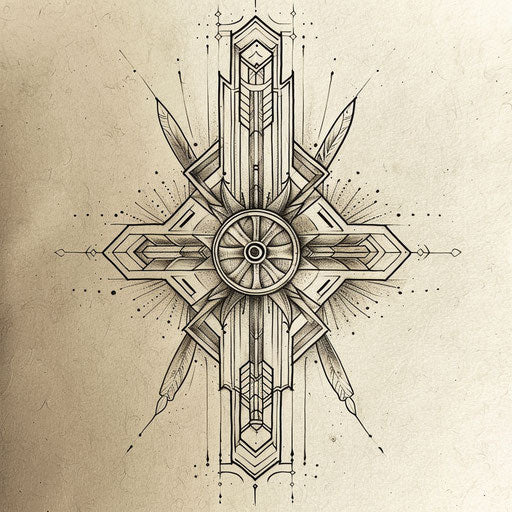 Flat tattoo sketch inspired by Art Deco with the Cruz framed by symmetrical, elegant lines