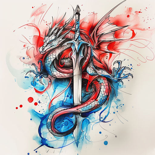 Creative tattoo sketch of a dragon curling around a sword, dynamic reds and blues