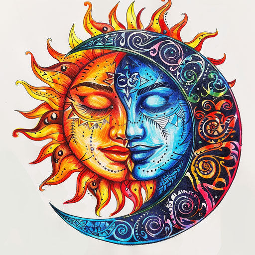 Bohemian tattoo sketch of a sun and moon with tribal patterns, vibrant tribal colors