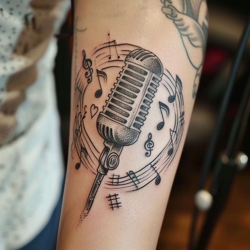 Vintage microphone with musical notes in elegant gangster tattoo