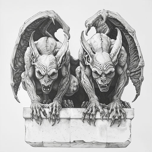 Gothic gargoyles, wings unfurled, detailed in grayscale