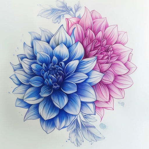 Duo-tone dahlia tattoo sketch with blue and pink shades