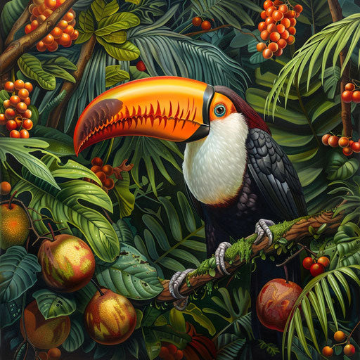 Toco toucan feasting on tropical fruits in the dense canopy