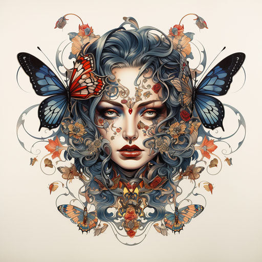 Butterfly on canvas, classic tattoo style, ritual masks