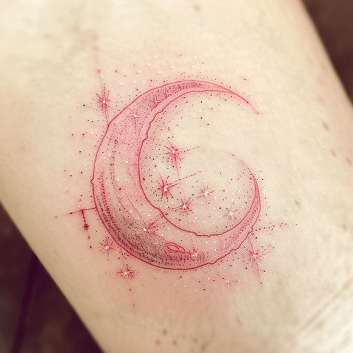 Mystical pink crescent moon with twinkling stars