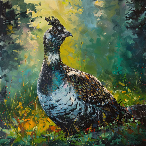 Sage grouse in vibrant green forest