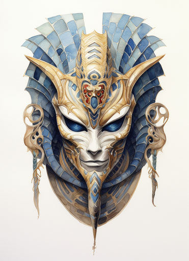 Egyptian mask with snake head, watercolor style, yup'ik art, light gold and azure, celebrity portraits, polished metamorphosis, detailed miniatures