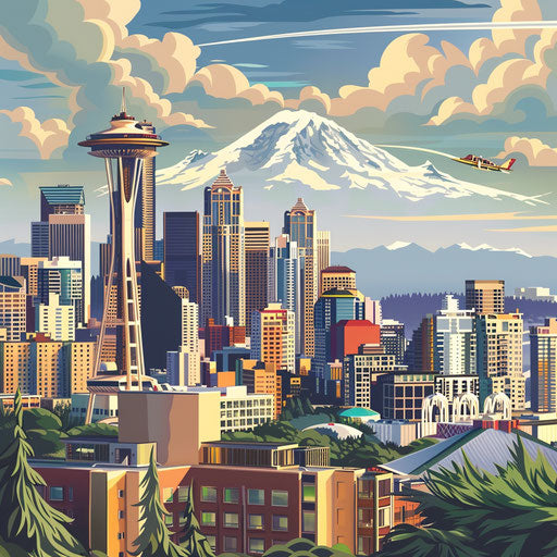 Seattle city skyline with space needle and mount Rainier, vintage art deco style