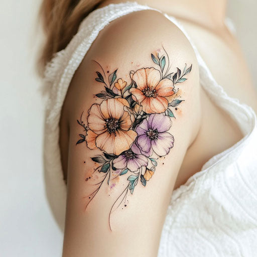 Upper arm tattoo for women with floral bouquet