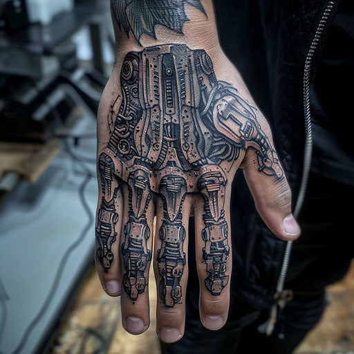 Small hand tattoos with a cyberpunk theme, in the style of Adrian Smith