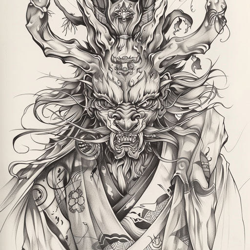 Elegant flat tattoo sketch of a Japanese demon with flowing kimono and detailed embroidery